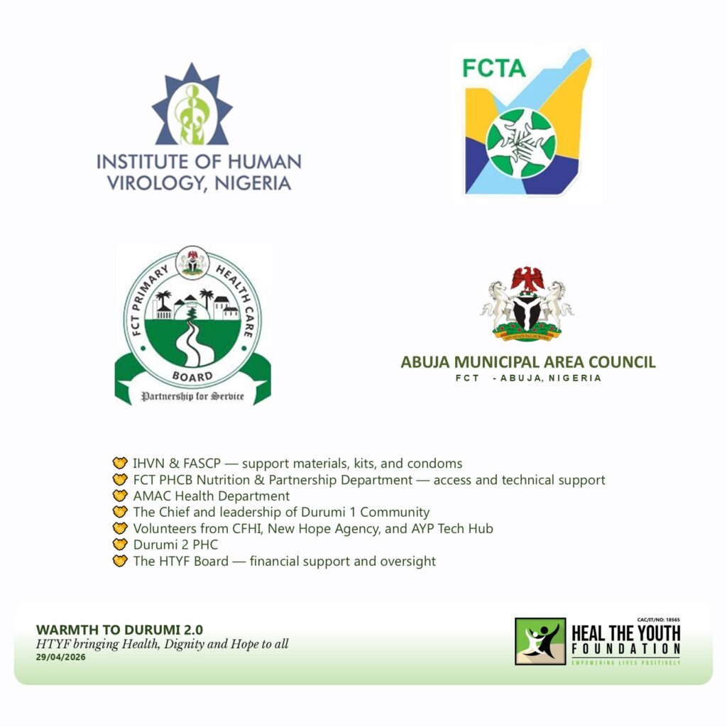 A cross section of partner logos and a list of supporters for the implementation of the integrated healthcare outreach in Durumi.
