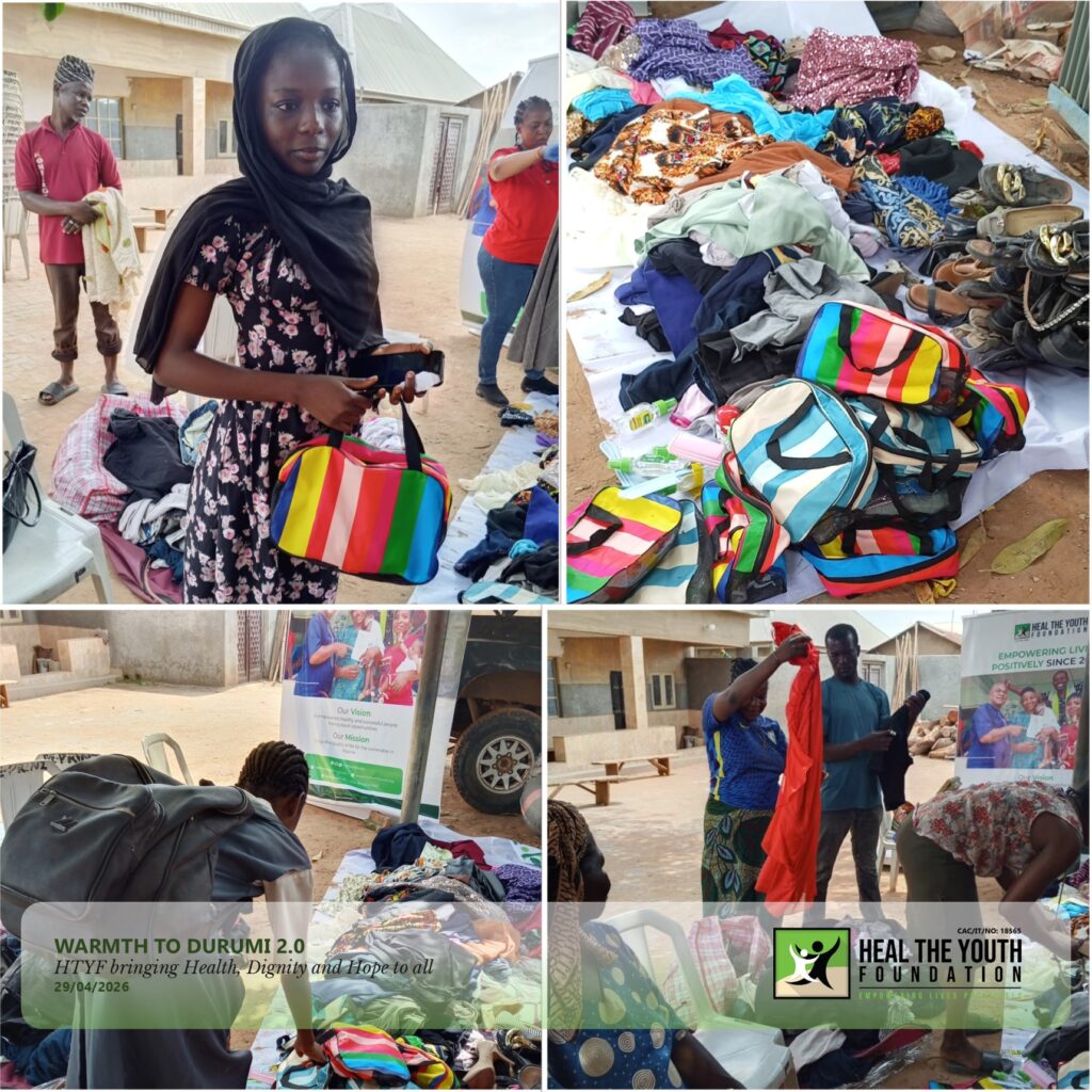 A photo grid with four photos showing the beneficiaries of the dignity kit. Some show the diginity kit on display.